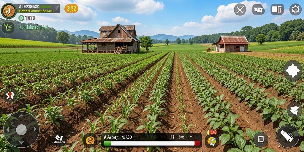 Screenshot utama ALEXIS500 menampilkan kebun yang subur dan aktivitas pertanian sehari-hari.