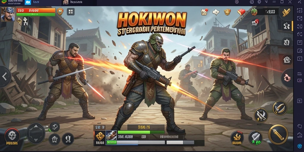 Screenshot gameplay HOKIWON menampilkan pertempuran yang intens.