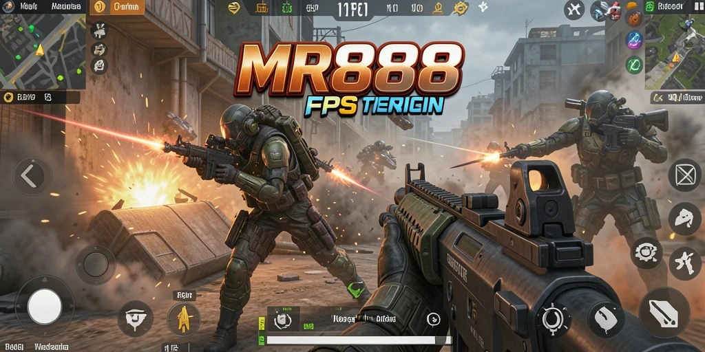 Tangkapan layar MR888 yang menampilkan aksi pertempuran FPS yang seru.
