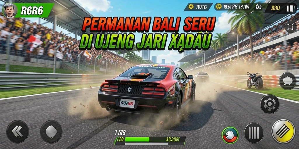 Screenshot R6R6 menampilkan aksi balap penuh kecepatan.