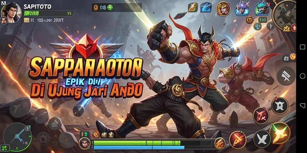 Tangkapan layar pertarungan intens dari SAPITOTO dengan karakter-karakter unik.