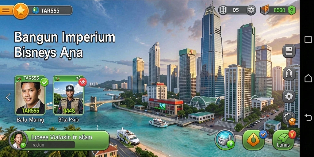 Screenshot gameplay TAR555 menampilkan manajemen bisnis yang intens.