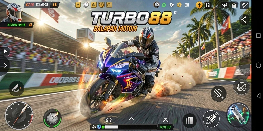 Gameplay mendebarkan dalam TURBO88, balapan motor yang seru.